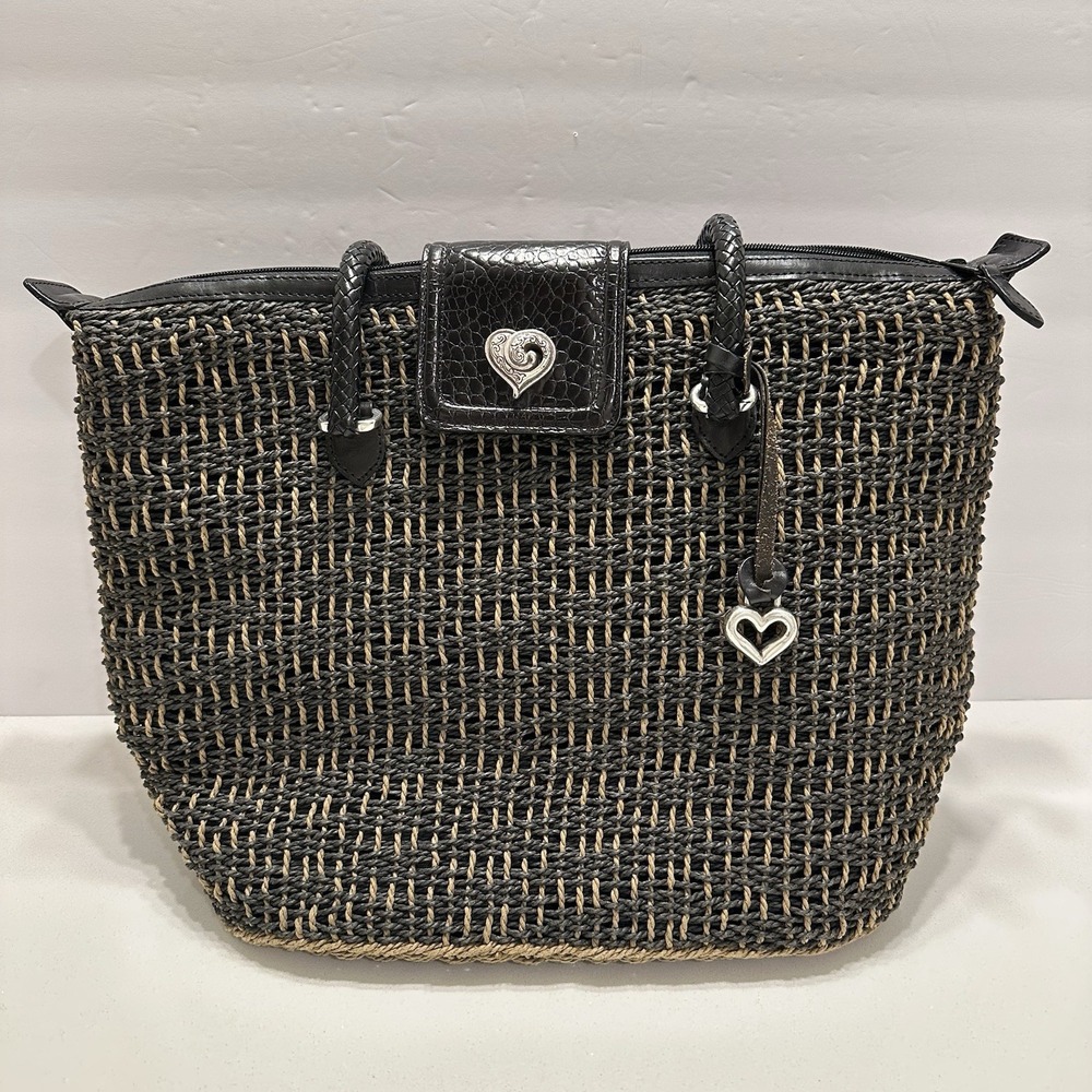 Brighton Woven wicker Straw Tote Shoulder Bag Black Brown Leather‎ XL Large - Picture 8 of 12
